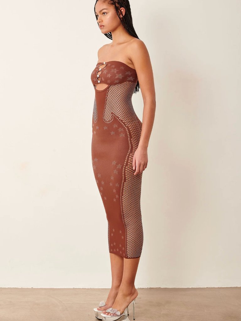 New Poster Girl Roxie Midi Dress In Old Money Brown Sheer Mesh Strapless Bodycon — image 5 of 6